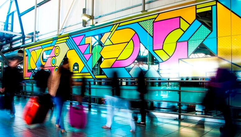 An image of colorful indoor glass graphics.
